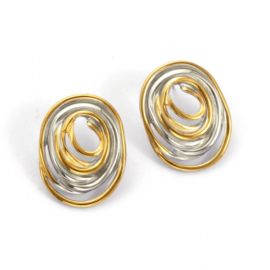 Bild von 1 Pair Eco-friendly PVD Vacuum Plating Dainty Exquisite 18K Real Gold Plated & Silver Tone 304 Stainless Steel Oval Hollow Ear Post Stud Earrings For Women Gift 28mm x 22mm, Post/ Wire Size: 0.7mm(21 gauge)