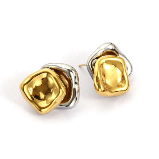 Bild von 1 Pair Eco-friendly PVD Vacuum Plating Dainty Exquisite 18K Real Gold Plated & Silver Tone 304 Stainless Steel Rhombus Two Tone Ear Post Stud Earrings For Women Gift 22mm x 21mm, Post/ Wire Size: 0.8mm(20 gauge)
