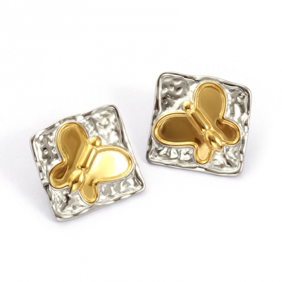 Bild von 1 Pair Eco-friendly PVD Vacuum Plating Dainty 18K Real Gold Plated & Silver Tone 304 Stainless Steel Rhombus Butterfly Two Tone Ear Post Stud Earrings For Women 3.6cm x 3.5cm, Post/ Wire Size: 0.7mm(21 gauge)