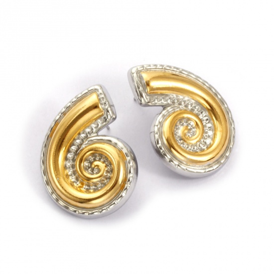 Bild von 1 Pair Eco-friendly PVD Vacuum Plating Dainty Exquisite 18K Real Gold Plated & Silver Tone 304 Stainless Steel Spiral Two Tone Ear Post Stud Earrings For Women Gift 3.4cm x 2.5cm, Post/ Wire Size: 0.8mm(20 gauge)