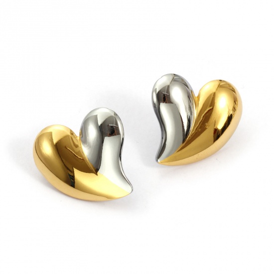 Bild von 1 Pair Eco-friendly PVD Vacuum Plating Dainty Valentine's Day 18K Real Gold Plated & Silver Tone 304 Stainless Steel Heart Two Tone Ear Post Stud Earrings For Women 27mm x 25mm, Post/ Wire Size: 0.7mm(21 gauge)