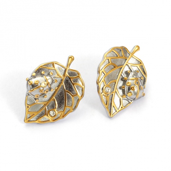 Bild von 1 Pair Eco-friendly PVD Vacuum Plating Dainty 18K Real Gold Plated & Silver Tone 304 Stainless Steel Leaf Ladybird Two Tone Ear Post Stud Earrings For Women 3.2cm x 2.4cm, Post/ Wire Size: 0.7mm(21 gauge)