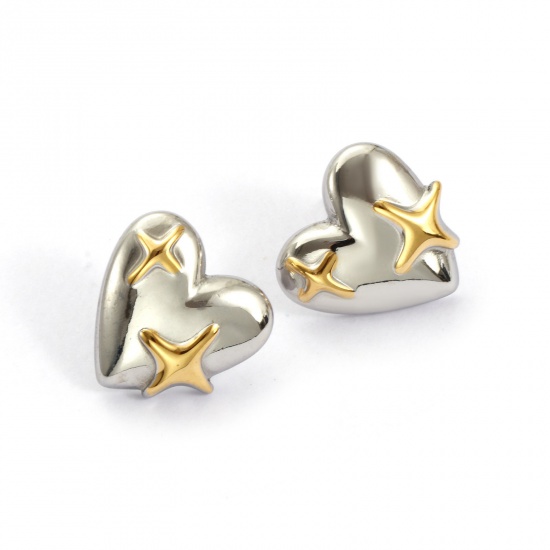 Bild von 1 Pair Eco-friendly PVD Vacuum Plating Valentine's Day 18K Real Gold Plated & Silver Tone 304 Stainless Steel Heart Star Two Tone Ear Post Stud Earrings For Women 20mm x 20mm, Post/ Wire Size: 0.7mm(21 gauge)