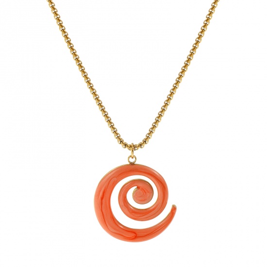 Immagine di 18K Vero Oro Placcato Catena a Casella Spirale Collana con Ciondolo, 304 Acciaio Inossidabile 45cm + 5cm, Per Donne, Arancione Rosa Smalto Madreperla, Elegante Squisito Regalo, Placcatura Sottovuoto PVD Ecologica, 1 Pz