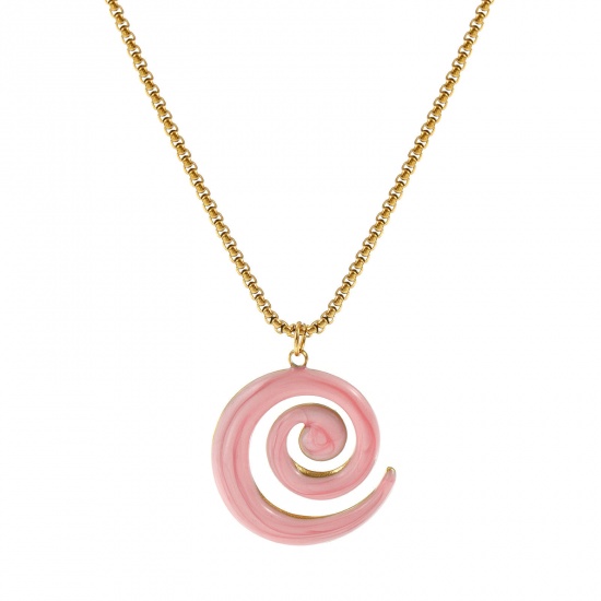 Immagine di 18K Vero Oro Placcato Catena a Casella Spirale Collana con Ciondolo, 304 Acciaio Inossidabile 45cm + 5cm, Per Donne, Rosa Chiaro Smalto Madreperla, Elegante Squisito Regalo, Placcatura Sottovuoto PVD Ecologica, 1 Pz