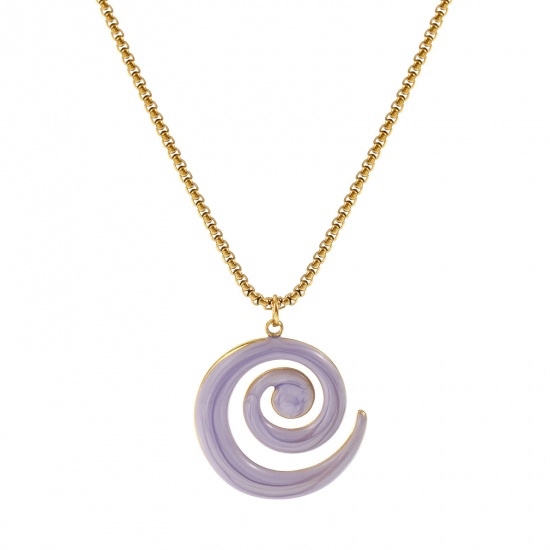 Immagine di 18K Vero Oro Placcato Catena a Casella Spirale Collana con Ciondolo, 304 Acciaio Inossidabile 45cm + 5cm, Per Donne, Viola Chiaro Smalto Madreperla, Elegante Squisito Regalo, Placcatura Sottovuoto PVD Ecologica, 1 Pz