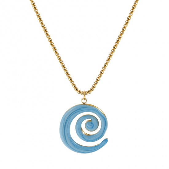 Immagine di 18K Vero Oro Placcato Catena a Casella Spirale Collana con Ciondolo, 304 Acciaio Inossidabile 45cm + 5cm, Per Donne, Blu Smalto Madreperla, Elegante Squisito Regalo, Placcatura Sottovuoto PVD Ecologica, 1 Pz
