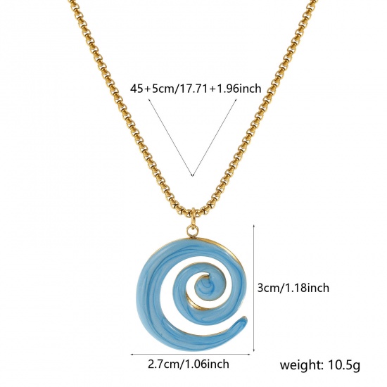 Immagine di 18K Vero Oro Placcato Catena a Casella Spirale Collana con Ciondolo, 304 Acciaio Inossidabile 45cm + 5cm, Per Donne, Blu Smalto Madreperla, Elegante Squisito Regalo, Placcatura Sottovuoto PVD Ecologica, 1 Pz