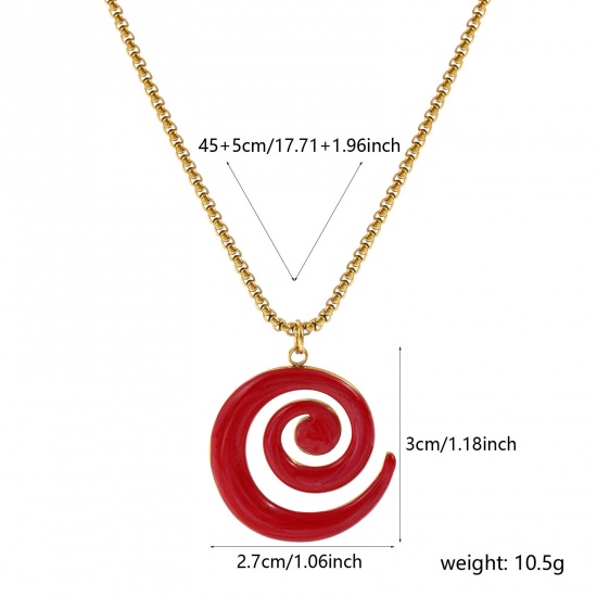 Immagine di 18K Vero Oro Placcato Catena a Casella Spirale Collana con Ciondolo, 304 Acciaio Inossidabile 45cm + 5cm, Per Donne, Rosso Smalto Madreperla, Elegante Squisito Regalo, Placcatura Sottovuoto PVD Ecologica, 1 Pz