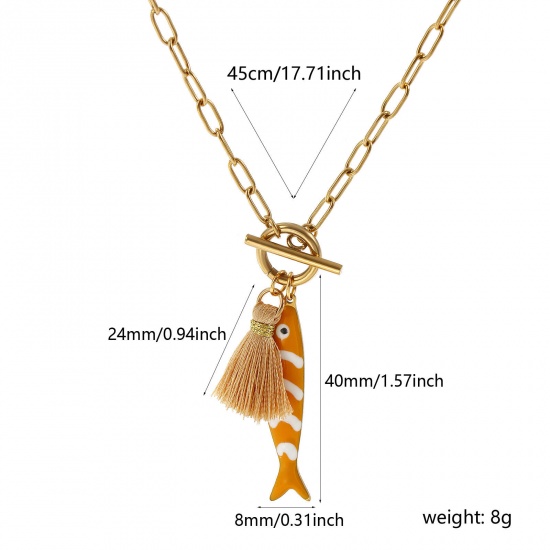 18K Real Gold Plated Paperclip Link Chain Fish Animal Pendant Charm Necklace, 304 Stainless Steel & Polyester 45cm(17.7"), For Women, Tassel Orange Double-sided Enamel, Ocean Jewelry Gift, Eco-friendly PVD Vacuum Plating, 1 Piece の画像