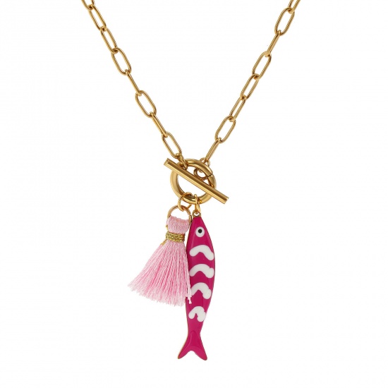 18K Real Gold Plated Paperclip Link Chain Fish Animal Pendant Charm Necklace, 304 Stainless Steel & Polyester 45cm(17.7"), For Women, Tassel Fuchsia Double-sided Enamel, Ocean Jewelry Gift, Eco-friendly PVD Vacuum Plating, 1 Piece の画像