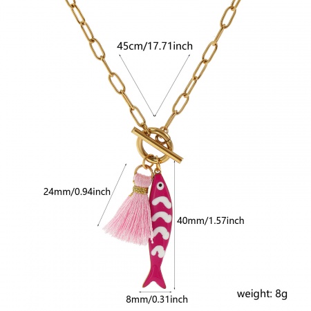 Image de Collier à Breloques En Gros Plaqué Or Véritable 18K en 304 Acier Inoxydable & Polyester, Poisson Franges Fuchsia Émail Double Face Chaîne de Trombone, aux Femmes Placage Sous Vide PVD Écologique Imperméable Anti-ternissement Hypoallergénique Bijoux d'Océan Cadeau Bijoux pour Détaillants 45cm long, 1