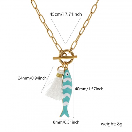 Image de Collier à Breloques En Gros Plaqué Or Véritable 18K en 304 Acier Inoxydable & Polyester, Poisson Franges Vert Menthe Émail Double Face Chaîne de Trombone, aux Femmes Placage Sous Vide PVD Écologique Imperméable Anti-ternissement Hypoallergénique Bijoux d'Océan Cadeau Bijoux pour Détaillants 45cm lon
