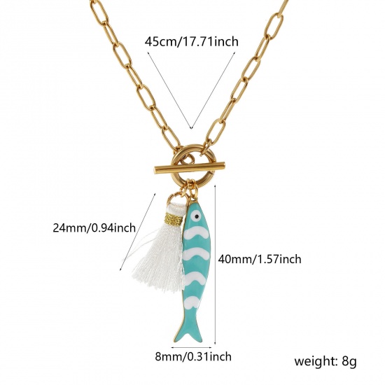 18K Real Gold Plated Paperclip Link Chain Fish Animal Pendant Charm Necklace, 304 Stainless Steel & Polyester 45cm(17.7"), For Women, Tassel Mint Green Double-sided Enamel, Ocean Jewelry Gift, Eco-friendly PVD Vacuum Plating, 1 Piece の画像