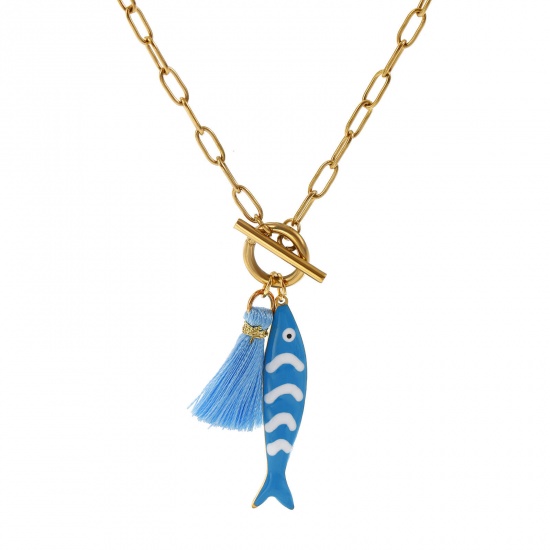 18K Real Gold Plated Paperclip Link Chain Fish Animal Pendant Charm Necklace, 304 Stainless Steel & Polyester 45cm(17.7"), For Women, Tassel Skyblue Double-sided Enamel, Ocean Jewelry Gift, Eco-friendly PVD Vacuum Plating, 1 Piece の画像