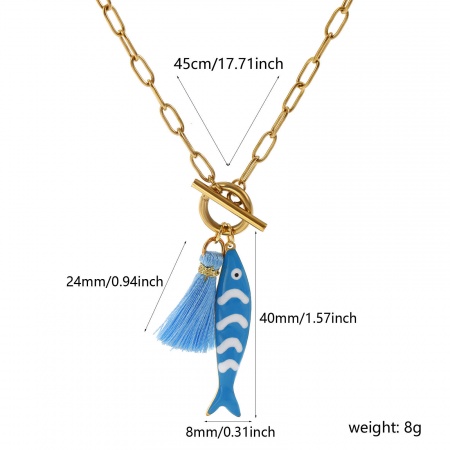 Image de Collier à Breloques En Gros Plaqué Or Véritable 18K en 304 Acier Inoxydable & Polyester, Poisson Franges Bleu Ciel Émail Double Face Chaîne de Trombone, aux Femmes Placage Sous Vide PVD Écologique Imperméable Anti-ternissement Hypoallergénique Bijoux d'Océan Cadeau Bijoux pour Détaillants 45cm long