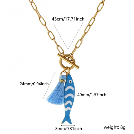 18K Real Gold Plated Paperclip Link Chain Fish Animal Pendant Charm Necklace, 304 Stainless Steel & Polyester 45cm(17.7"), For Women, Tassel Skyblue Double-sided Enamel, Ocean Jewelry Gift, Eco-friendly PVD Vacuum Plating, 1 Piece の画像