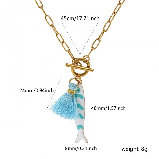 18K Real Gold Plated Paperclip Link Chain Fish Animal Pendant Charm Necklace, 304 Stainless Steel & Polyester 45cm(17.7"), For Women, Tassel Mint Green Double-sided Enamel, Ocean Jewelry Gift, Eco-friendly PVD Vacuum Plating, 1 Piece の画像