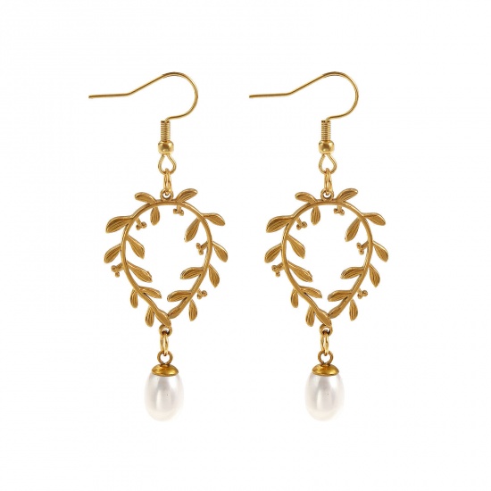 Imagen de 1 Par Recubrimiento al Vacío PVD Ecológico Elegante Exquisito 18K Oro Real Chapado Blanco Acero Inoxidable 304 & Perla Natural Hoja Pendientes Para Mujeres Regalo 6.6cm x 2.3cm, Tamaño del Poste/Cable: 0.7mm(21 gauge)