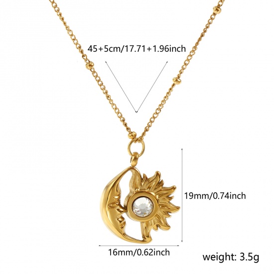 Bild von 18K Echtgold plattiert Panzerkette Kette Sonne & Mond Anhänger Halskette, 304 Edelstahl & Strass 45cm + 5cm, Für Frauen, Transparent Strassstein April Monatsstein Umweltfreundliche PVD-Vakuumbeschichtung, 1 Strang