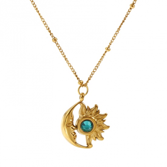 Bild von 18K Echtgold plattiert Panzerkette Kette Sonne & Mond Anhänger Halskette, 304 Edelstahl & Strass 45cm + 5cm, Für Frauen, Grün Strassstein Mai Stilvoll Monatsstein Umweltfreundliche PVD-Vakuumbeschichtung, 1 Strang