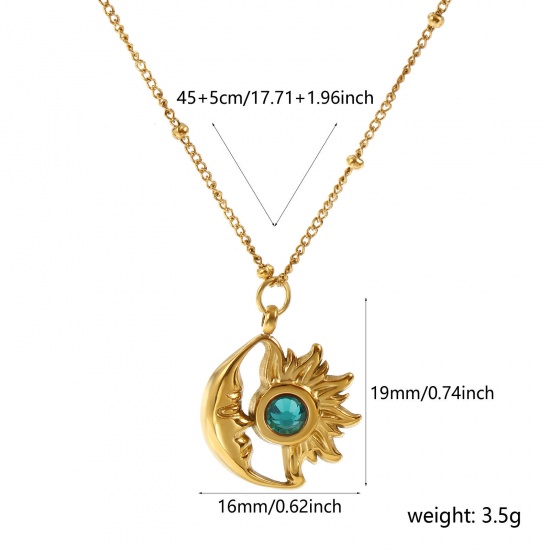 Bild von 18K Echtgold plattiert Panzerkette Kette Sonne & Mond Anhänger Halskette, 304 Edelstahl & Strass 45cm + 5cm, Für Frauen, Grün Strassstein Mai Stilvoll Monatsstein Umweltfreundliche PVD-Vakuumbeschichtung, 1 Strang