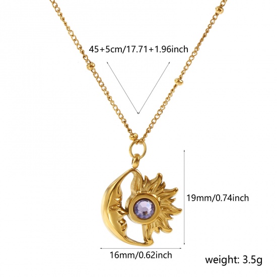 Bild von 18K Echtgold plattiert Panzerkette Kette Sonne & Mond Anhänger Halskette, 304 Edelstahl & Strass 45cm + 5cm, Für Frauen, Amethyst Strassstein Juni Stilvoll Monatsstein Umweltfreundliche PVD-Vakuumbeschichtung, 1 Strang