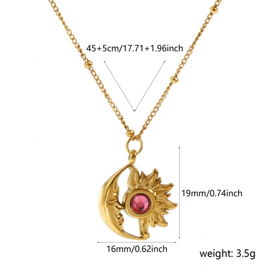 Bild von 18K Echtgold plattiert Panzerkette Kette Sonne & Mond Anhänger Halskette, 304 Edelstahl & Strass 45cm + 5cm, Für Frauen, Rosa Strassstein Juli Stilvoll Monatsstein Umweltfreundliche PVD-Vakuumbeschichtung, 1 Strang