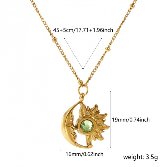 Bild von 18K Echtgold plattiert Panzerkette Kette Sonne & Mond Anhänger Halskette, 304 Edelstahl & Strass 45cm + 5cm, Für Frauen, Olivgrün Strassstein August Stilvoll Monatsstein Umweltfreundliche PVD-Vakuumbeschichtung, 1 Strang