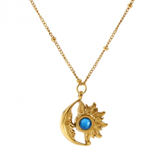 Bild von 18K Echtgold plattiert Panzerkette Kette Sonne & Mond Anhänger Halskette, 304 Edelstahl & Strass 45cm + 5cm, Für Frauen, Saphirblau Strassstein September Monatsstein Umweltfreundliche PVD-Vakuumbeschichtung, 1 Strang