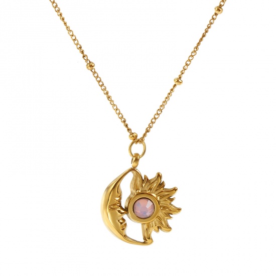 Bild von 18K Echtgold plattiert Panzerkette Kette Sonne & Mond Anhänger Halskette, 304 Edelstahl & Strass 45cm + 5cm, Für Frauen, Rosa Strassstein Oktober Monatsstein Umweltfreundliche PVD-Vakuumbeschichtung, 1 Strang