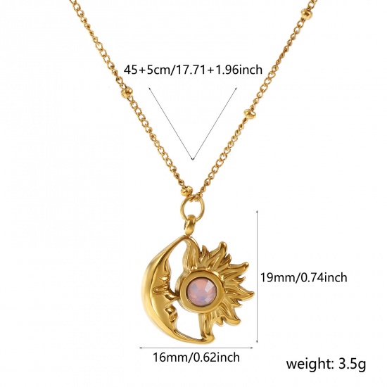 Bild von 18K Echtgold plattiert Panzerkette Kette Sonne & Mond Anhänger Halskette, 304 Edelstahl & Strass 45cm + 5cm, Für Frauen, Rosa Strassstein Oktober Monatsstein Umweltfreundliche PVD-Vakuumbeschichtung, 1 Strang
