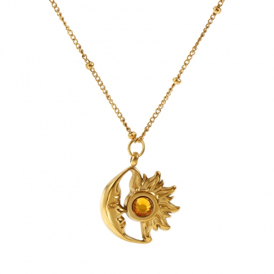 Bild von 18K Echtgold plattiert Panzerkette Kette Sonne & Mond Anhänger Halskette, 304 Edelstahl & Strass 45cm + 5cm, Für Frauen, Sektfarben Strassstein November Monatsstein Umweltfreundliche PVD-Vakuumbeschichtung, 1 Strang