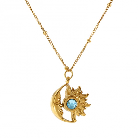 Bild von 18K Echtgold plattiert Panzerkette Kette Sonne & Mond Anhänger Halskette, 304 Edelstahl & Strass 45cm + 5cm, Für Frauen, Saphir Strassstein Dezember Monatsstein Umweltfreundliche PVD-Vakuumbeschichtung, 1 Strang