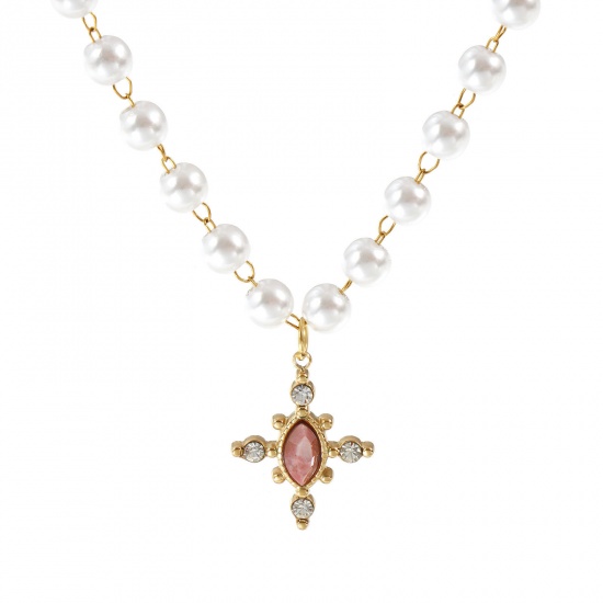 Immagine di 18K Vero Oro Placcato Catena di Perline Croce Collana con Ciondolo, 304 Acciaio Inossidabile & Gemma 45cm, Per Donne, Trasparente Strass Rosa scuro Perla Imitato Acrilico, Placcatura Sottovuoto PVD Ecologica, 1 Pz
