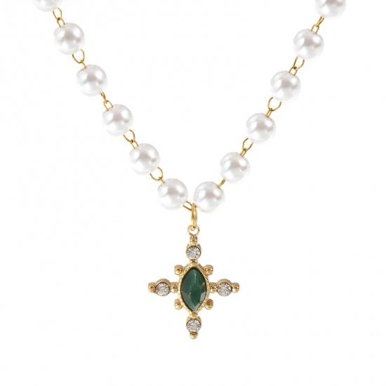 Immagine di 18K Vero Oro Placcato Catena di Perline Croce Collana con Ciondolo, 304 Acciaio Inossidabile & Gemma 45cm, Per Donne, Trasparente Strass Verde Perla Imitato Acrilico, Placcatura Sottovuoto PVD Ecologica, 1 Pz