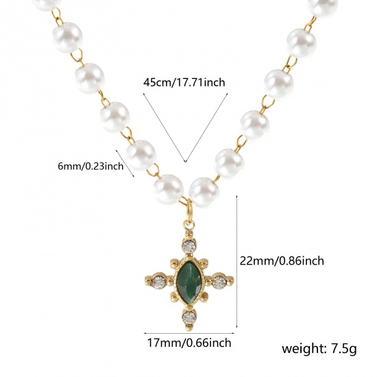 Immagine di 18K Vero Oro Placcato Catena di Perline Croce Collana con Ciondolo, 304 Acciaio Inossidabile & Gemma 45cm, Per Donne, Trasparente Strass Verde Perla Imitato Acrilico, Placcatura Sottovuoto PVD Ecologica, 1 Pz