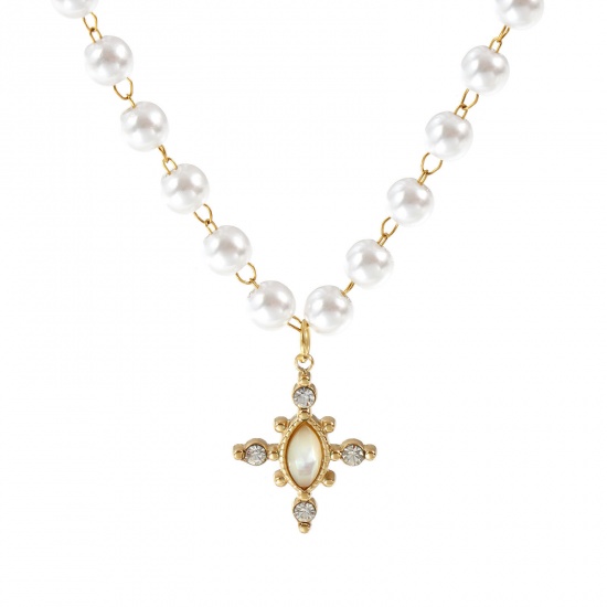 Immagine di 18K Vero Oro Placcato Catena di Perline Croce Collana con Ciondolo, 304 Acciaio Inossidabile & Conchiglie Naturali 45cm, Per Donne, Trasparente Strass Bianco Perla Imitato Acrilico, Placcatura Sottovuoto PVD Ecologica, 1 Pz