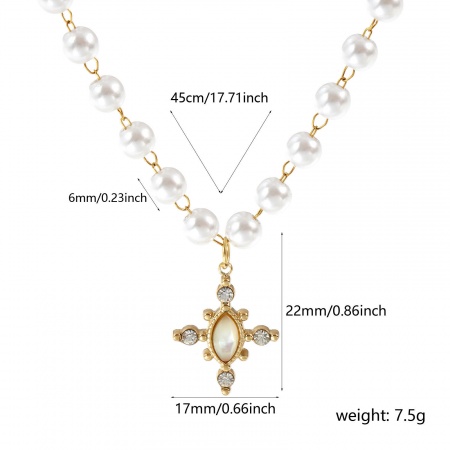 Picture of Wholesale Cross White Acrylic Imitation Pearl Clear Rhinestone Pendant Charm Necklace, 18K Real Gold Plated 304 Stainless Steel & Natural Shell Beaded Chain, Women's Eco-friendly PVD Vacuum Plating Waterproof Anti-Tarnish Hypoallergenic Retro Dainty Gift Jewelry For Retailer, 45cm(17.7") long, 1 Pie