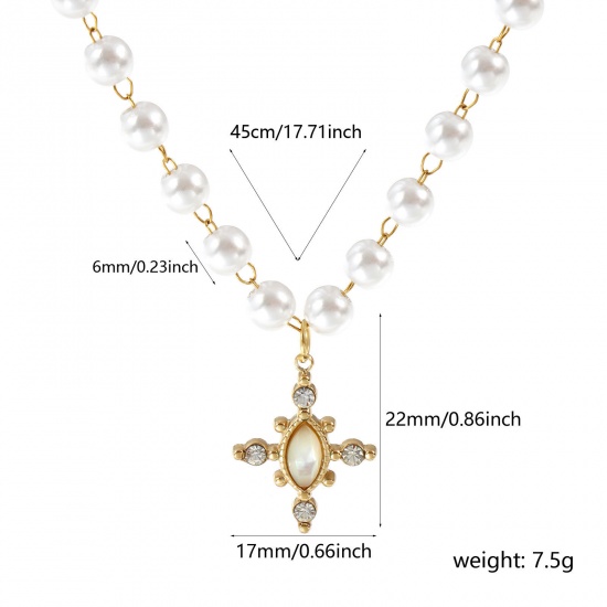 Immagine di 18K Vero Oro Placcato Catena di Perline Croce Collana con Ciondolo, 304 Acciaio Inossidabile & Conchiglie Naturali 45cm, Per Donne, Trasparente Strass Bianco Perla Imitato Acrilico, Placcatura Sottovuoto PVD Ecologica, 1 Pz
