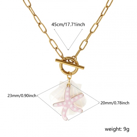 Picture of Wholesale Starfish Light Pink Double-sided Enamel Pendant Charm Necklace, 18K Real Gold Plated 304 Stainless Steel & Natural Shell Paperclip Link Chain, Women's Eco-friendly PVD Vacuum Plating Waterproof Anti-Tarnish Hypoallergenic Ocean Jewelry Sweet & Cute Gift Jewelry For Retailer, 45cm(17.7") lo