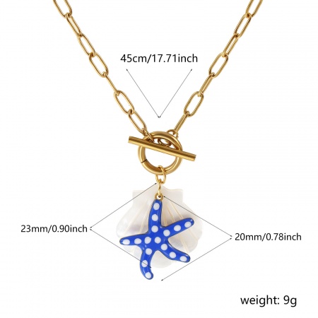 Picture of Wholesale Starfish Dark Blue Double-sided Enamel Pendant Charm Necklace, 18K Real Gold Plated 304 Stainless Steel & Natural Shell Paperclip Link Chain, Women's Eco-friendly PVD Vacuum Plating Waterproof Anti-Tarnish Hypoallergenic Ocean Jewelry Sweet & Cute Gift Jewelry For Retailer, 45cm(17.7") lon