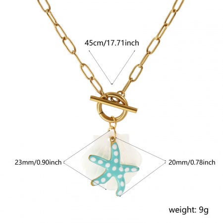 Picture of Wholesale Starfish Mint Green Double-sided Enamel Pendant Charm Necklace, 18K Real Gold Plated 304 Stainless Steel & Natural Shell Paperclip Link Chain, Women's Eco-friendly PVD Vacuum Plating Waterproof Anti-Tarnish Hypoallergenic Ocean Jewelry Sweet & Cute Gift Jewelry For Retailer, 45cm(17.7") lo