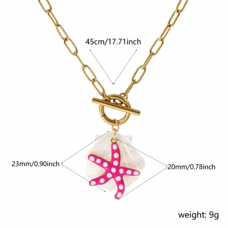 Picture of Wholesale Starfish Fuchsia Double-sided Enamel Pendant Charm Necklace, 18K Real Gold Plated 304 Stainless Steel & Natural Shell Paperclip Link Chain, Women's Eco-friendly PVD Vacuum Plating Waterproof Anti-Tarnish Hypoallergenic Ocean Jewelry Sweet & Cute Gift Jewelry For Retailer, 45cm(17.7") long
