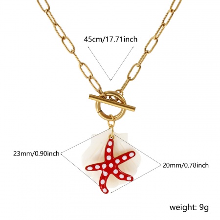 Picture of Wholesale Starfish Red Double-sided Enamel Pendant Charm Necklace, 18K Real Gold Plated 304 Stainless Steel & Natural Shell Paperclip Link Chain, Women's Eco-friendly PVD Vacuum Plating Waterproof Anti-Tarnish Hypoallergenic Ocean Jewelry Sweet & Cute Gift Jewelry For Retailer, 45cm(17.7") long, 1 P