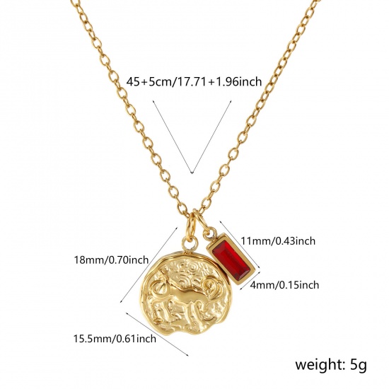 Image de Collier à Breloques Disque Plaqué Or Véritable 18K en 304 Acier Inoxydable Chaîne Maille Forçat 45cm + 5cm, à Zircone Cubique Vin Rouge Constellation Capricorne janvier Pierres de Naissance Revêtement sous Vide PVD Respectueux de l'Environnement, 1 Pièce