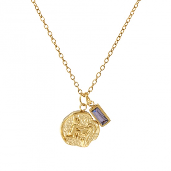 Image de Collier à Breloques Disque Plaqué Or Véritable 18K en 304 Acier Inoxydable Chaîne Maille Forçat 45cm + 5cm, à Zircone Cubique Pourpre Constellation Verseau février Pierres de Naissance Revêtement sous Vide PVD Respectueux de l'Environnement, 1 Pièce