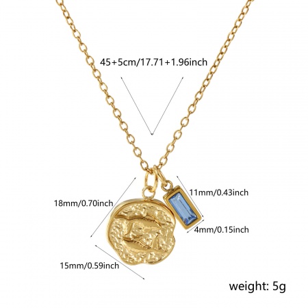 Picture of Wholesale Disc Pisces Sign Of Zodiac Constellations Aqua Blue Cubic Zirconia March Birthstone Pendant Charm Necklace, 18K Real Gold Plated 304 Stainless Steel Link Cable Chain, Women's Eco-friendly PVD Vacuum Plating Waterproof Anti-Tarnish Hypoallergenic Ins Style Stylish Gift Jewelry For Retailer