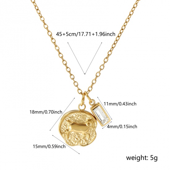Image de Collier à Breloques Disque Plaqué Or Véritable 18K en 304 Acier Inoxydable Chaîne Maille Forçat 45cm + 5cm, à Zircone Cubique Clair Constellation Bélier avril Pierres de Naissance Revêtement sous Vide PVD Respectueux de l'Environnement, 1 Pièce