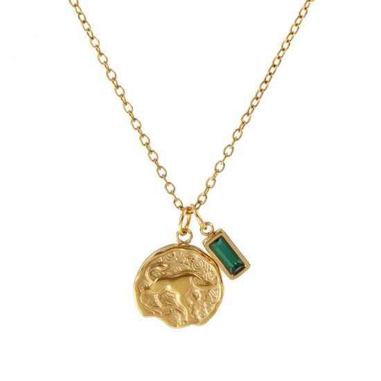 Image de Collier à Breloques Disque Plaqué Or Véritable 18K en 304 Acier Inoxydable Chaîne Maille Forçat 45cm + 5cm, à Zircone Cubique Vert Foncé Constellation Taureaux mai Pierres de Naissance Revêtement sous Vide PVD Respectueux de l'Environnement, 1 Pièce